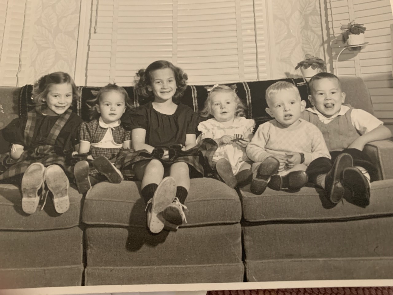 Marty, Susie, Judy, Julie Westerdahl, Steve Westerdahl, Scotty. Photo taken on the Krause's couch in Albion, Nebraska in 1950. Everyone is there except Terri, who wasn't born yet.